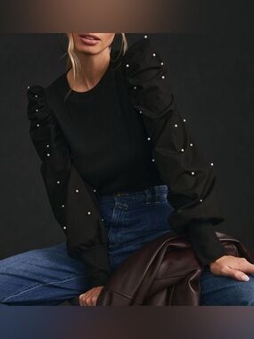 DOLAN Anthropologie Puff-Sleeve Pearl Embellished Blouse Top Size S